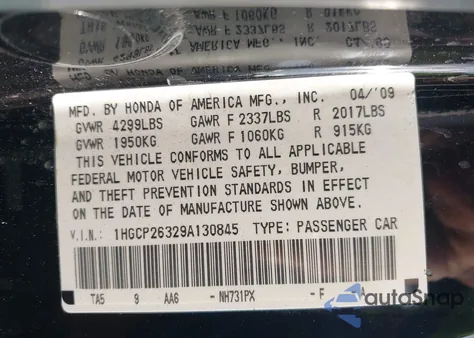 2009 Honda Accord 2.4 Lx z USA, uszkodzony, nr VIN 1HGCP26329A130845